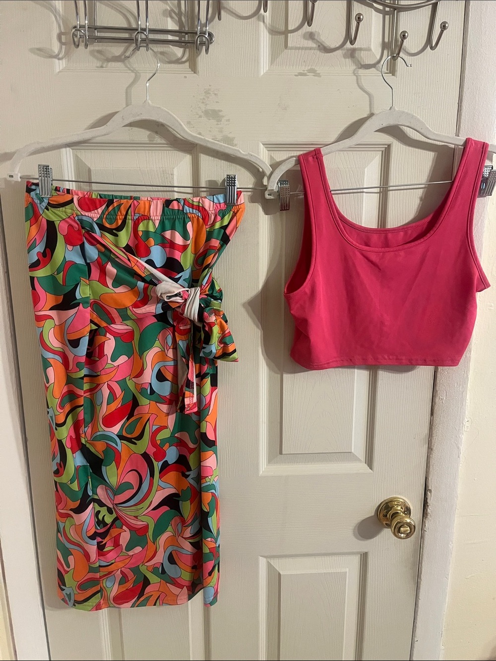 SHEIN Pink Crop Tank with Multicolor Abstract Midi Wrap Skirt